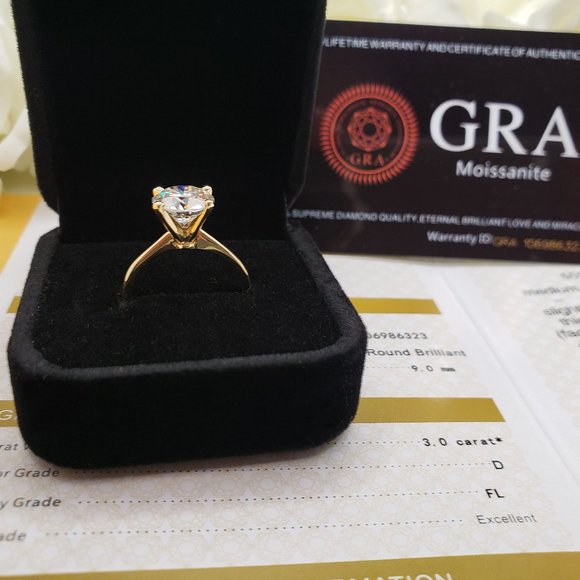 14K Solid  Yellow Gold 3 Carats Round Cut Moissanite Engagement Ring - Picture 1 of 5